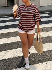 Muchica Plus Size Summer Casual Whimsical Light Yellow Striped Round Neck Drop Shoulder Short Sleeve T-Shirt Back-To-School Bussines - Red - View 3