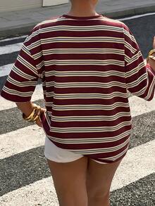 Muchica Plus Size Summer Casual Whimsical Light Yellow Striped Round Neck Drop Shoulder Short Sleeve T-Shirt Back-To-School Bussines - Red - View 2