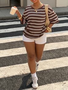 Muchica 2026春夏大尺碼休閒傳統西式條紋落肩寬鬆T恤，適合外出、正式場合、度假、派對、約會之夜，棕色 - 棕色 - 查看 3