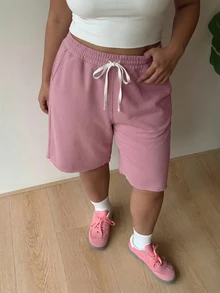 Muchica Lotus Root Pink Casual Traditional Plus Size Women Drawstring Waist Shorts Lounge Gym Summer - Dusty Pink - View 4