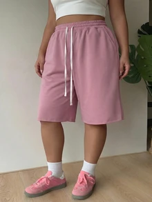 Muchica Lotus Root Pink Casual Traditional Plus Size Women Drawstring Waist Shorts Lounge Gym Summer - Dusty Pink - View 3