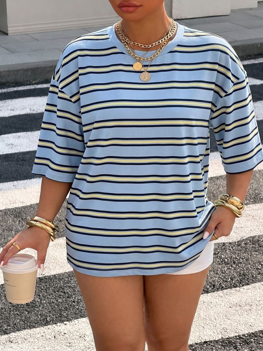 Muchica Plus Size Striped Print Round Neck Casual Summer Short Sleeve T-Shirt - Blue - View 1