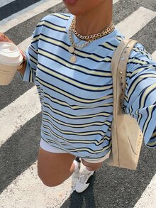 Muchica Plus Size Striped Print Round Neck Casual Summer Short Sleeve T-Shirt - Blue - View 4