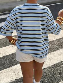 Muchica Plus Size Striped Print Round Neck Casual Summer Short Sleeve T-Shirt - Blue - View 2