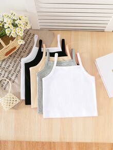 SHEIN Genkimix Kids 5件組女孩白色牛奶絲面料簡約細肩帶蝴蝶結背心，休閒舒適針織內搭衫，可外穿冬季款 - 彩色 - 查看 2