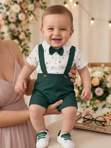 SHEIN Playful Pals 1件男嬰連身褲 蝴蝶結設計 白色與祖母綠配色 秋季可愛日系風 婚禮度假家庭親子裝 2歲生日紳士風襯衫領 - 墨綠色 - 查看 2