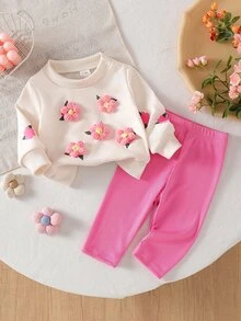 SHEIN 新生女嬰休閒可愛趣味甜美 3D 花卉衛衣與粉色羅紋長褲套裝，米色秋季家庭拍照穿搭 - 粉色 - 查看 3