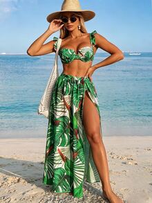 Conjunto de 3 piezas de ropa de mujer para vacaciones de verano: Conjunto de bikini con estampado de hoja tropical, tirantes con volantes y copa dura + Falda pareo de gasa con estampado - Multicolor - Ver 1
