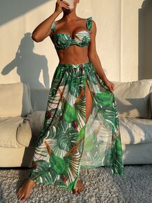 Conjunto de 3 piezas de ropa de mujer para vacaciones de verano: Conjunto de bikini con estampado de hoja tropical, tirantes con volantes y copa dura + Falda pareo de gasa con estampado - Multicolor - Ver 5