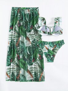 Conjunto de 3 piezas de ropa de mujer para vacaciones de verano: Conjunto de bikini con estampado de hoja tropical, tirantes con volantes y copa dura + Falda pareo de gasa con estampado - Multicolor - Ver 6
