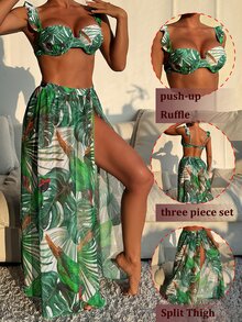 Conjunto de 3 piezas de ropa de mujer para vacaciones de verano: Conjunto de bikini con estampado de hoja tropical, tirantes con volantes y copa dura + Falda pareo de gasa con estampado - Multicolor - Ver 4