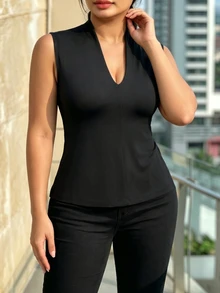 Velvienne Plus Size Women V-Neck Slim Fit Casual Versatile Tank Top - Black - View 4
