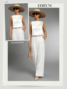 Editum Women's Regular Pleated Satin Sleeveless Blouse,Summer Top - White - View 3