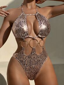 SHEIN Swim 全新欧美女式蛇皮纹特殊材质环肩带性感连体泳衣 - 彩色 - 查看 7