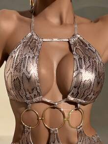 SHEIN Swim 全新欧美女式蛇皮纹特殊材质环肩带性感连体泳衣 - 彩色 - 查看 2