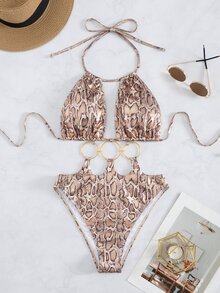 SHEIN Swim 全新欧美女式蛇皮纹特殊材质环肩带性感连体泳衣 - 彩色 - 查看 4