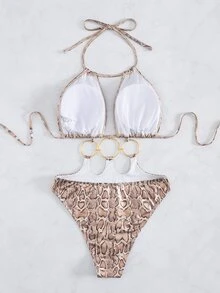 SHEIN Swim 全新欧美女式蛇皮纹特殊材质环肩带性感连体泳衣 - 彩色 - 查看 6