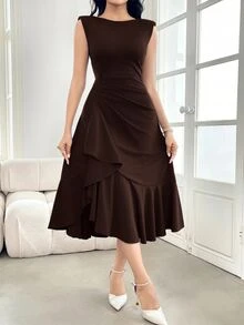 Feyla 女款素色荷葉邊下擺無袖優雅洋裝，春/夏 - 咖啡棕 - 查看 4