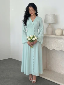 Yasmyna 女士春夏绿色梭织长袖印花荷叶边领优雅浪漫阿拉伯连衣裙 - 綠色 - 查看 7