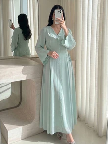 Yasmyna 女士春夏绿色梭织长袖印花荷叶边领优雅浪漫阿拉伯连衣裙 - 綠色 - 查看 6