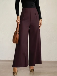 MOTF PREMIUM HIGH WAIST VERSATILE SIDE ZIPPER WIDE LEG PANTS - Burgundy - View 2