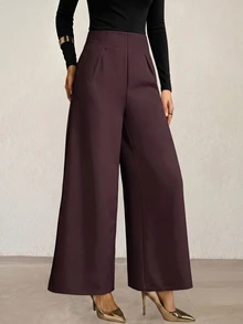 MOTF PREMIUM HIGH WAIST VERSATILE SIDE ZIPPER WIDE LEG PANTS - Burgundy - View 7