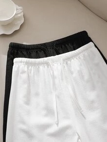 SHEIN Sparklyn Tween女孩秋季寬腿直筒2件套休閒端莊可愛風度假海灘鄉村旅行日常穿著寬鬆喇叭褲秋季白色 - 黑色 - 查看 6