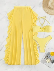 Vaytide 3pcs/Set New Yellow Halter Backless Top,Triangle Bottoms,Ruffle Trim Mesh Beach Pants, Casual Summer Holiday Vacation Bikini Swimwear Set Women - Yellow - View 4