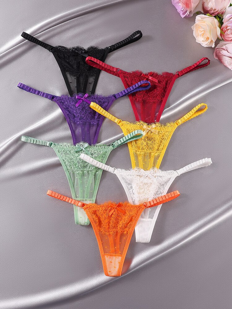 Charlaine 7pcs/Pack Women Lace Bow Decor Seamless Low Waist G-String Bowknot French Lace - Multicolor - View 9