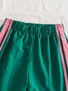 SHEIN 青少年女孩秋季套裝 2件/組 灰粉色，秋季，休閒牛仔風，蝴蝶結鬆緊腰條紋長褲，可愛舒適套裝 - 彩色 - 查看 8