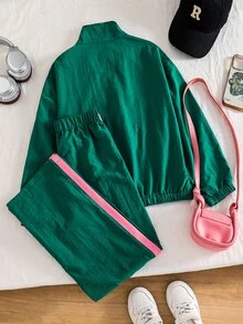 SHEIN 青少年女孩秋季套裝 2件/組 灰粉色，秋季，休閒牛仔風，蝴蝶結鬆緊腰條紋長褲，可愛舒適套裝 - 彩色 - 查看 3
