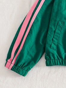 SHEIN 青少年女孩秋季套裝 2件/組 灰粉色，秋季，休閒牛仔風，蝴蝶結鬆緊腰條紋長褲，可愛舒適套裝 - 彩色 - 查看 5