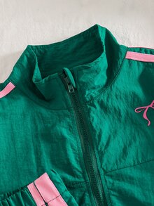 SHEIN 青少年女孩秋季套裝 2件/組 灰粉色，秋季，休閒牛仔風，蝴蝶結鬆緊腰條紋長褲，可愛舒適套裝 - 彩色 - 查看 4