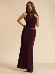 SHEIN BAE Burgundy Cowl Neck Lace Sleeveless Slit Dress, Long, Elegant, Evening, Wedding, Party Dinner Cocktail, Sexy, Guest Summer - Purple - View 5