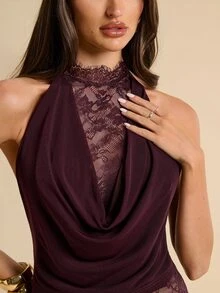 SHEIN BAE Burgundy Cowl Neck Lace Sleeveless Slit Dress, Long, Elegant, Evening, Wedding, Party Dinner Cocktail, Sexy, Guest Summer - Purple - View 7