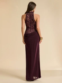 SHEIN BAE Burgundy Cowl Neck Lace Sleeveless Slit Dress, Long, Elegant, Evening, Wedding, Party Dinner Cocktail, Sexy, Guest Summer - Purple - View 1