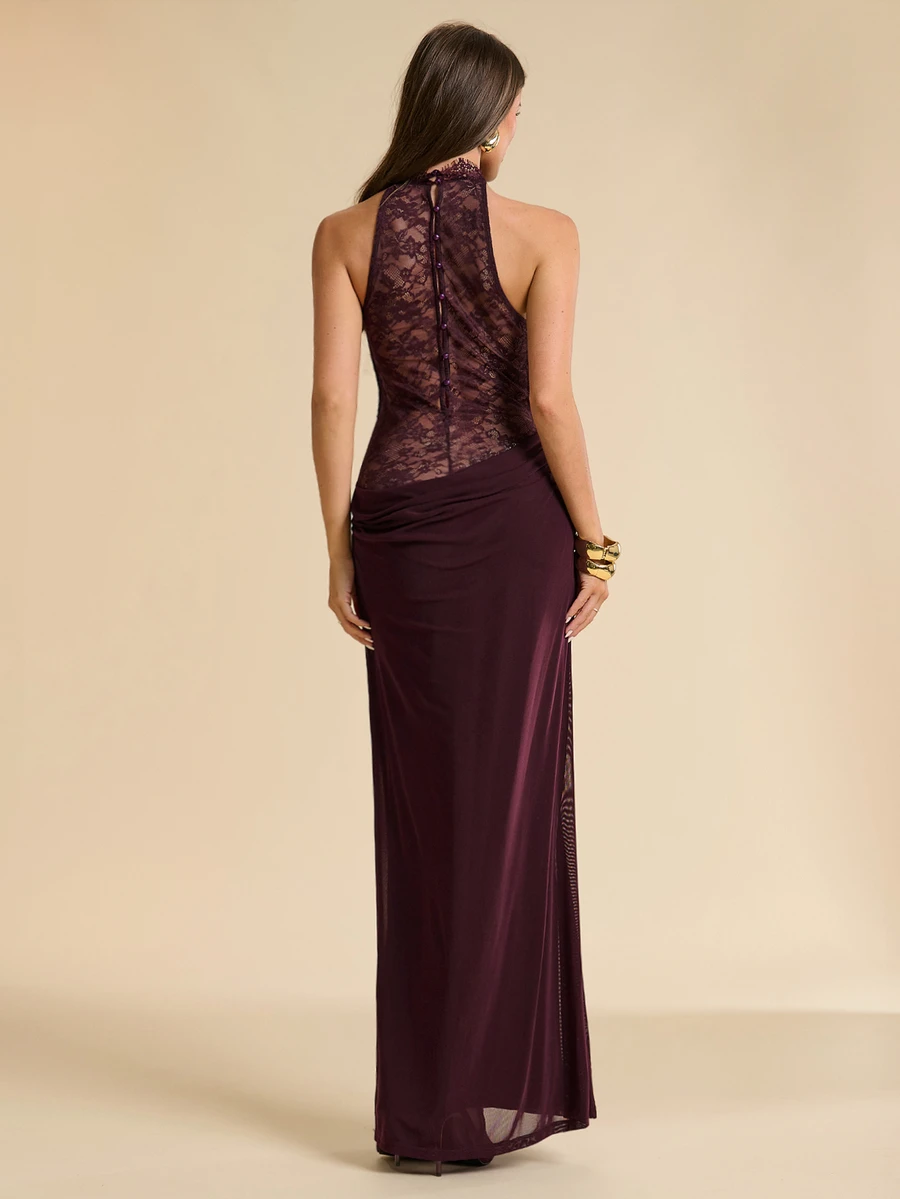 SHEIN BAE Burgundy Cowl Neck Lace Sleeveless Slit Dress, Long, Elegant, Evening, Wedding, Party Dinner Cocktail, Sexy, Guest Summer - Purple - View 1