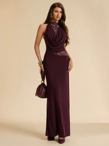 SHEIN BAE Burgundy Cowl Neck Lace Sleeveless Slit Dress, Long, Elegant, Evening, Wedding, Party Dinner Cocktail, Sexy, Guest Summer - Purple - View 3