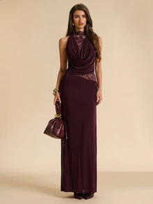SHEIN BAE Burgundy Cowl Neck Lace Sleeveless Slit Dress, Long, Elegant, Evening, Wedding, Party Dinner Cocktail, Sexy, Guest Summer - Purple - View 2