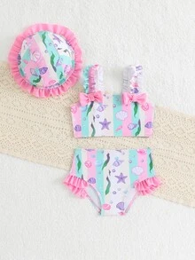 SHEIN 女嬰泳衣套裝 蝴蝶結、貝殼、海星、海藻印花，花卉飾邊，可愛帽子，海灘畢業風，粉色米色，夏季熱帶 Y2K 風格 - 彩色 - 查看 3