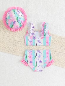 SHEIN Baby Girls' Swimsuit Set Bow, Shell, Starfish, Seaweed Print, Floral Trim, Adorable Hat Beach Graduation Pink Beige Summer Tropical Y2k - Multicolor - View 2