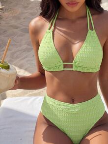 Swim Basics Conjunto De Bikini Para Mujer Con Cuello Halter De Textura - Verde - Ver 1