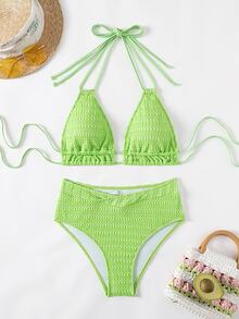Swim Basics Conjunto De Bikini Para Mujer Con Cuello Halter De Textura - Verde - Ver 3