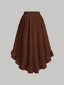 SHEIN MOD Women's Coffee Brown Ruffle Hem Skirt, Retro Layered A-Line Skirt Party Fall 1960s Vintage 70s Elegant, Autumn/Winter - Brown - View 2