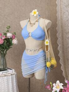 SHEIN Swim Paket 3 bikini rantai cincin bertekstur halterneck dan rok pantai - Baby Blue - View 4