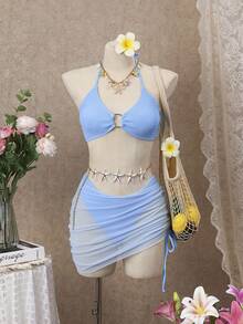 SHEIN Swim Paket 3 bikini rantai cincin bertekstur halterneck dan rok pantai - Baby Blue - View 6