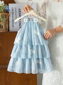 SHEIN Genkimix Kids 女童甜美森系網紗荷葉領無袖A字公主洋裝 - 淺藍色 - 查看 7