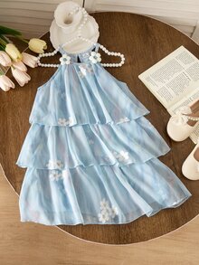 SHEIN Genkimix Kids 女童甜美森系網紗荷葉領無袖A字公主洋裝 - 淺藍色 - 查看 3