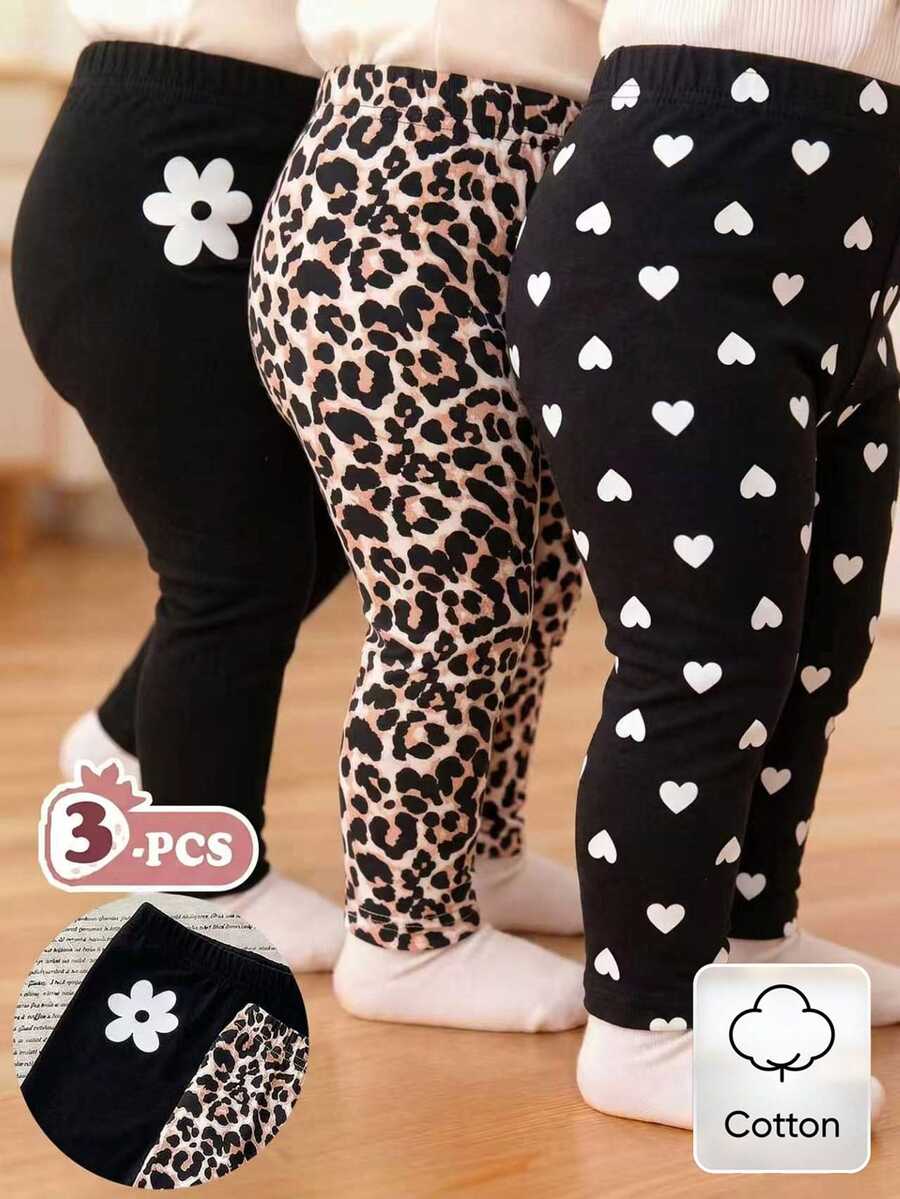 3件組女嬰休閒可愛柔軟豹紋愛心印花內搭褲,搭配黑色純棉內搭褲,適合秋季居家,米色、黑色、白色 - 彩色 - 查看 1