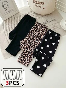 3件組女嬰休閒可愛柔軟豹紋愛心印花內搭褲，搭配黑色純棉內搭褲，適合秋季居家，米色、黑色、白色 - 彩色 - 查看 4